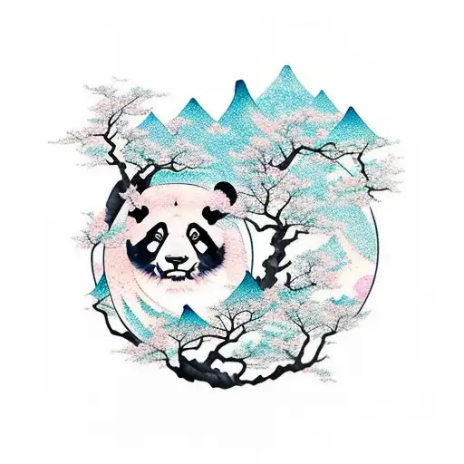galaxy, mountains, cherry blossom trees, pandas, water tattoo design idea