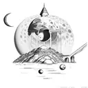  change crescent moon to saturn and change figure in middle to a fox tattoo design idea