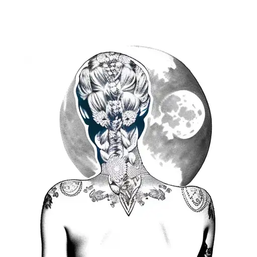 silhouette of seated womans back with crecent moon in background tattoo design idea