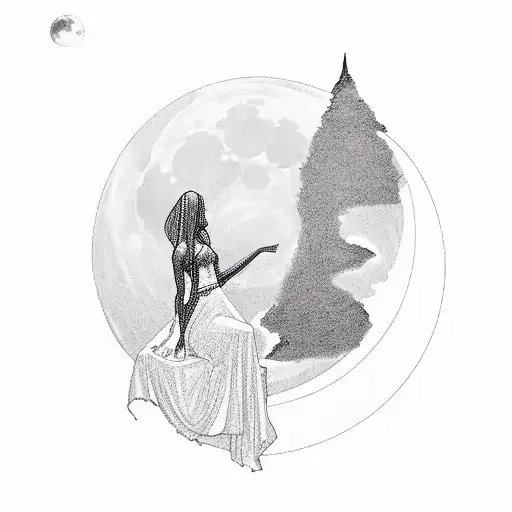 silhouette of seated womans back facing crecent moon tattoo design idea