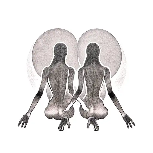 silhouette of seated womans back with crecent moon in background tattoo design idea