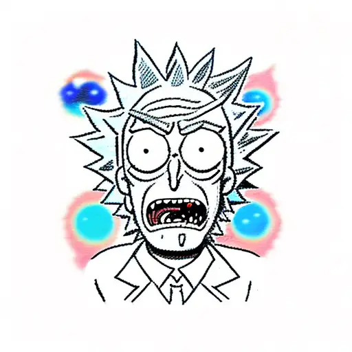 Rick from the cartoon Rick and Morty in acid colors with space weapons tattoo design idea