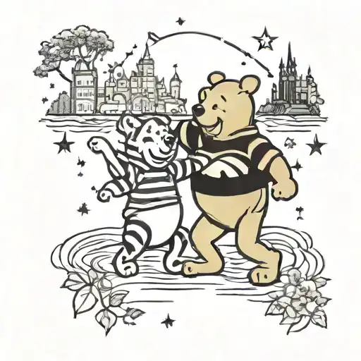 A traditional style tattoo of Winnie the Pooh and Lilo dancing under a starry sky with iconic Disney castles in the background tattoo design idea