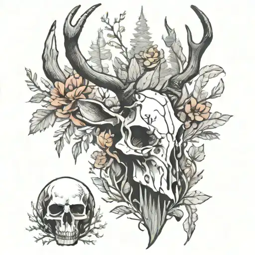 elk skull with Indian paintbrushes in the forest leg   tattoo design idea