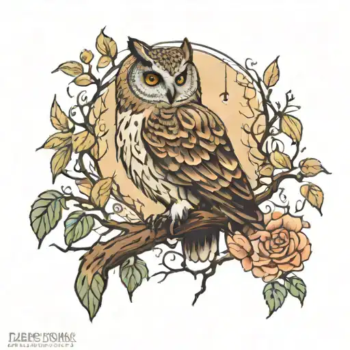 An enchanted forest with a wise owl perched on a branch overlooking a serene river in the Orman dere tattoo design idea