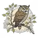 An enchanted forest with a wise owl perched on a branch overlooking a serene river in the Orman dere tattoo design idea