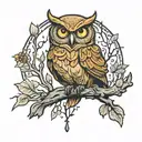 An enchanted forest with a wise owl perched on a branch overlooking a serene river in the Orman dere tattoo design idea