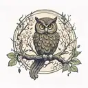 An enchanted forest with a wise owl perched on a branch overlooking a serene river in the Orman dere tattoo design idea