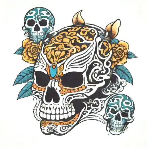 six skulls around a jaguar in traditional mayan   tattoo design idea