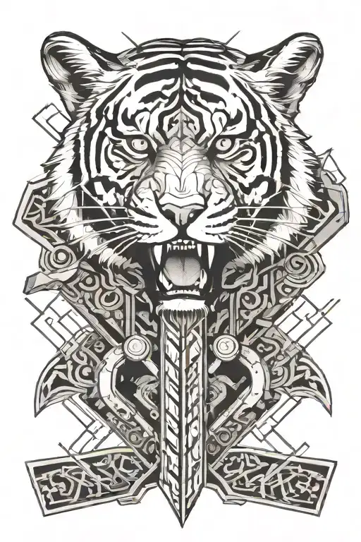 Tiger and Thor's hammer and heart tattoo design idea