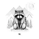 A raccoon exploring a forest trail with hiking gear tattoo design idea
