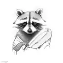 A raccoon exploring a forest trail with hiking gear tattoo design idea