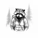 A raccoon exploring a forest trail with hiking gear tattoo design idea