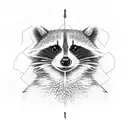 A raccoon exploring a forest trail with hiking gear tattoo design idea