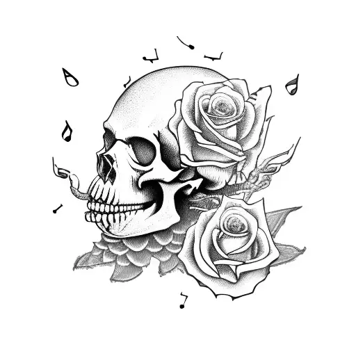Tiefling skull with roses, a bearded dragon and some musical notes tattoo design idea