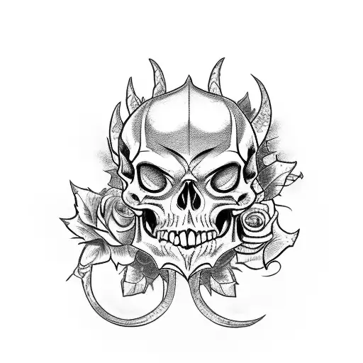 A dungeons and dragons themed tattoo of a tiefling skull with roses, a bearded dragon and some musical notes tattoo design idea