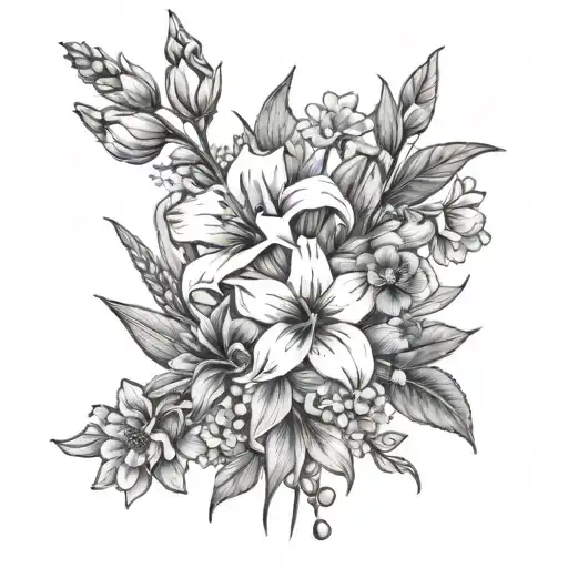 Bouquet with gladiolus and poppy and Lily-of-the-valley and Hawthorn and Daffodils and narcissus marigold and cosmos tattoo design idea