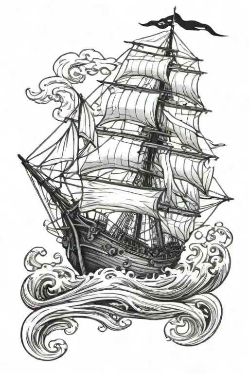Ole fashioned pirate ship on waves tattoo design idea