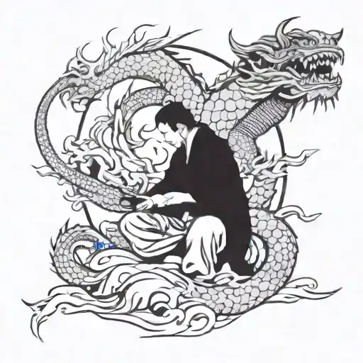A martial arts warrior meditating under the watchful eye of a wise Chinese dragon tattoo design idea