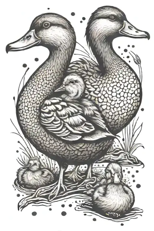 happy mother duck with happy duckling  tattoo design idea