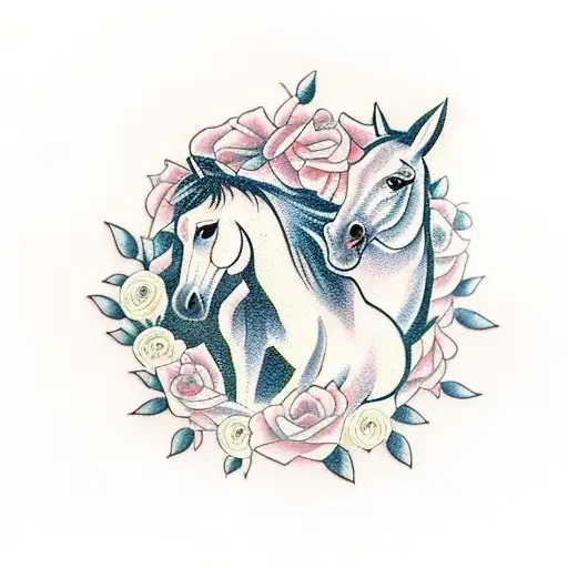 A traditional tattoo of a horse and baby in a playful pose, surrounded by a wreath of roses tattoo design idea