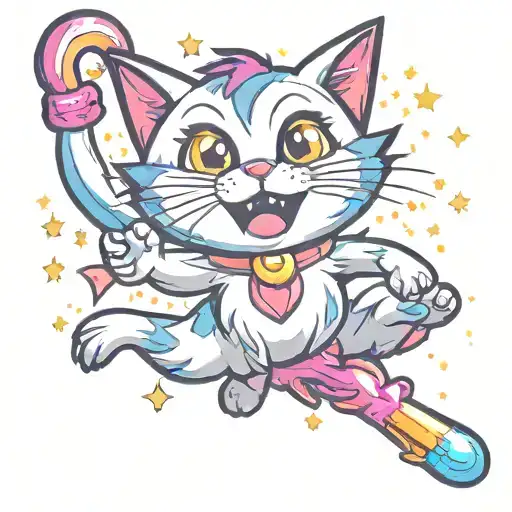 colourful magic sparkling cartoon evil cat jump tattoo design idea