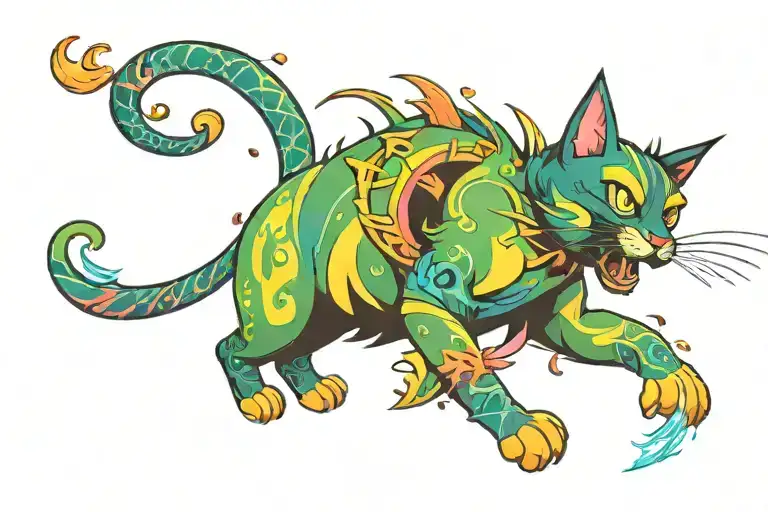 colourful magic sparkling evil cat running  tattoo design idea