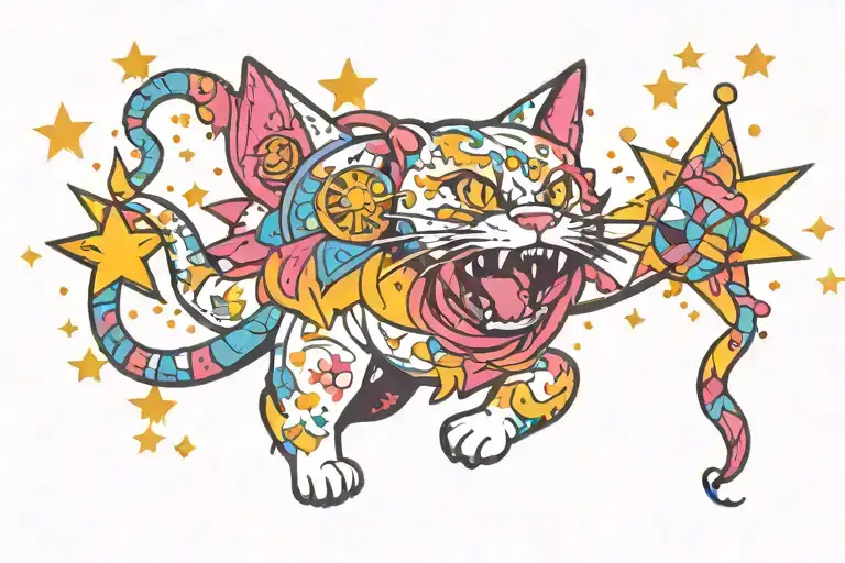 colourful magic cosmic sparkling stars japanese evil cat running  tattoo design idea