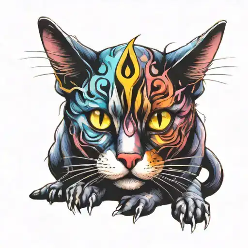 magic colourful sparkling evil cat sitting tattoo design idea