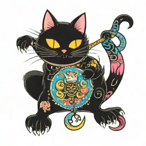 colourful magic cosmic sparkling cartoon evil cat playing  tattoo design idea
