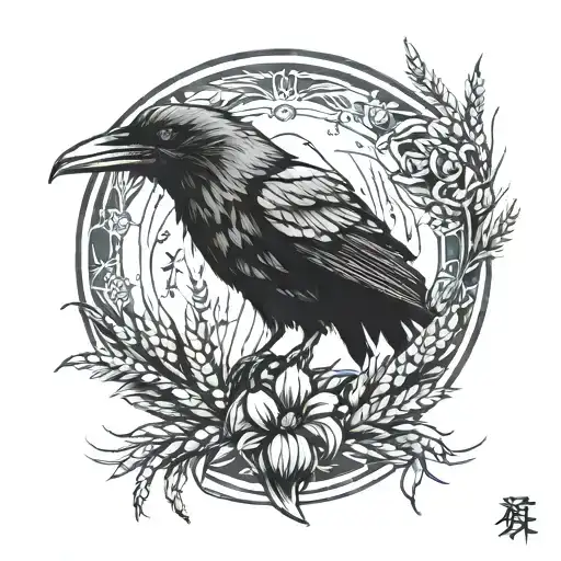 raven and fox and two ears of wheat tattoo design idea
