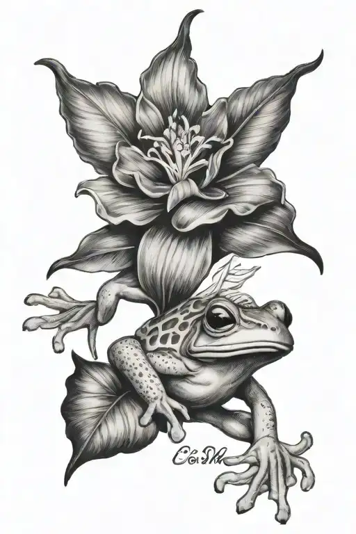 coqui frog with flor de maga flower full bloom and a fortaleza piece from el morro in the background tattoo design idea
