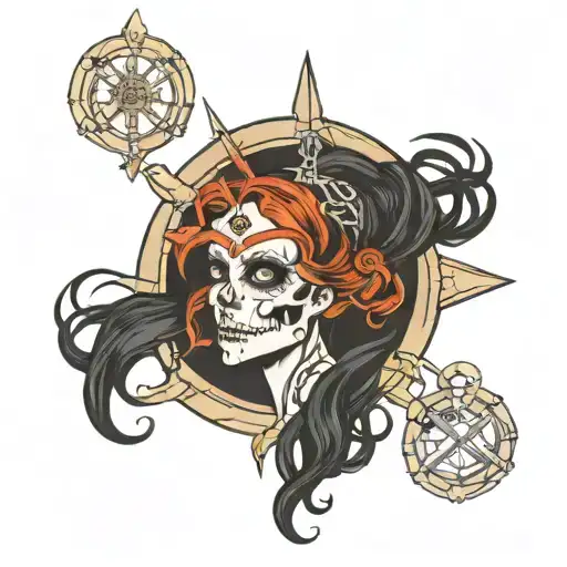 Hekate + triple moon + fire brand + skeleton key tattoo design idea