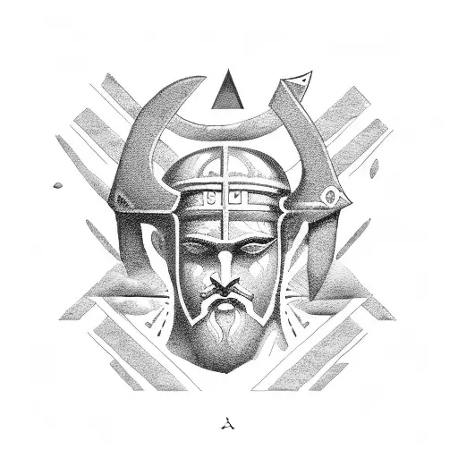 An ancient Greek god of war depicted in a minimalist dotwork style, with their name written in a unique script tattoo design idea