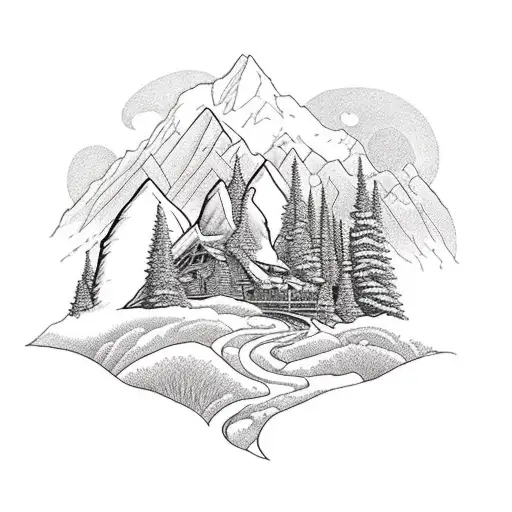 A majestic mountain range with a winding trail, symbolizing your passion for hiking and adventure tattoo design idea