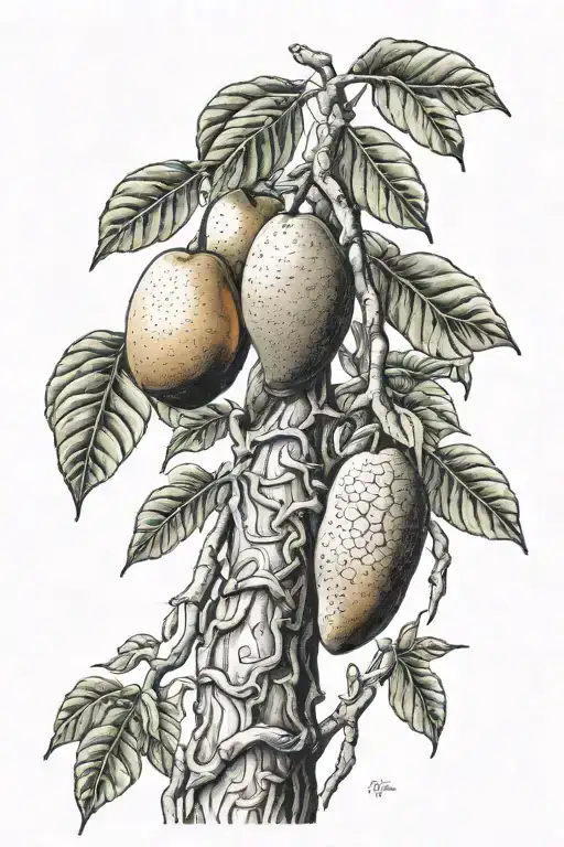 A realistic tattoo of a mango tree with cancer ribbons hanging from the branches, symbolizing growth and strength in the face of challenges tattoo design idea