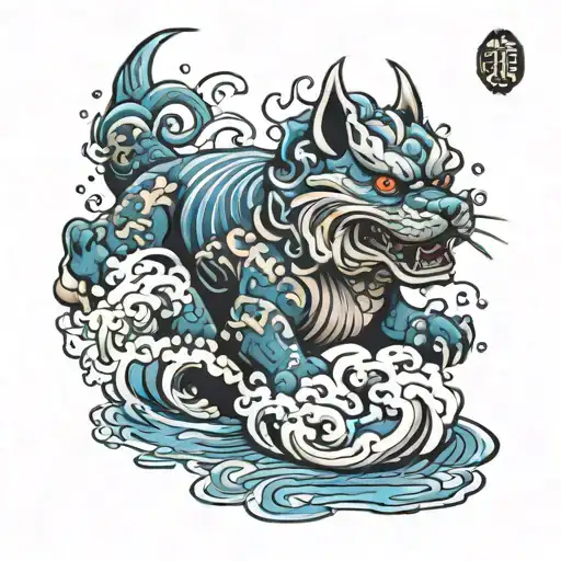 water themed fu dog  tattoo design idea