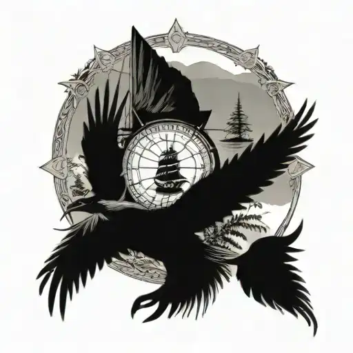 Viking ship, fjord, fern tree, ravens, Viking compass tattoo design idea