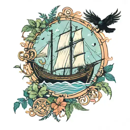 Viking ship, fjord, fern tree, ravens, Viking compass tattoo design idea