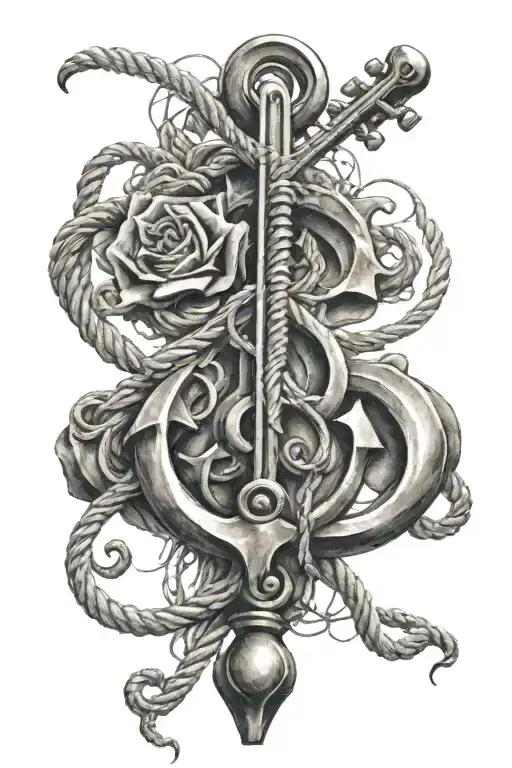 A metal anchor with a rope into the shape of a violin key tattoo design idea