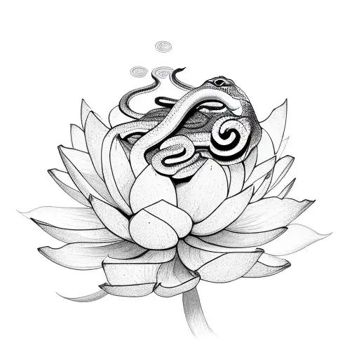 A snake coiling around a lotus flower in a mesmerizing sketch style tattoo design idea