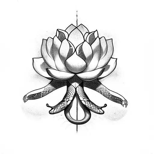 A snake coiling around a lotus flower in a mesmerizing sketch style tattoo design idea