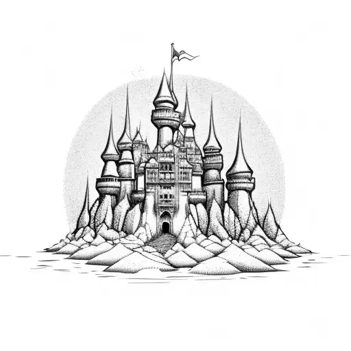 A majestic castle made entirely of sand, symbolizing the fleeting nature of love and life tattoo design idea