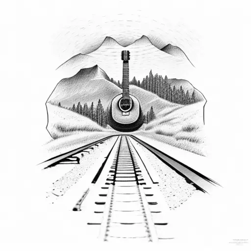 guitar with a train on a railway track behind it tattoo design idea