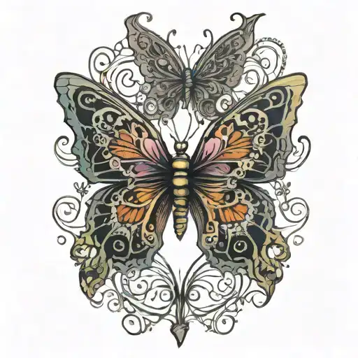 Butterfly with ornate lace wings, throng antenna, and gothic inside jewelry for the body tattoo design idea