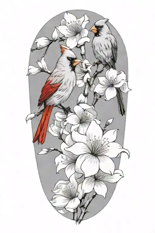 cardinals  perched on dogwood flowers with no background  tattoo design idea