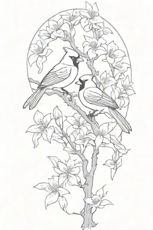 cardinals  perched on magnolia and dogwood flowers with no background  tattoo design idea