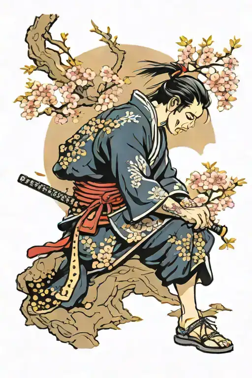 A samurai is sitting on his knees against the background of a sakura tree behind his back tattoo design idea