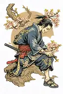 A samurai is sitting on his knees against the background of a sakura tree behind his back tattoo design idea