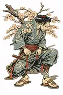 A samurai is sitting on his knees against the background of a sakura tree behind his back tattoo design idea
